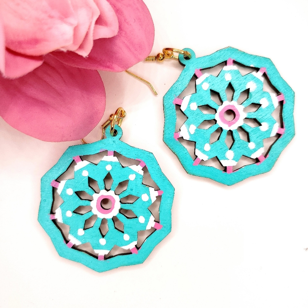 Turquoise Mandala Wooden Earrings, Handpainted.2 inch diameter dangles
